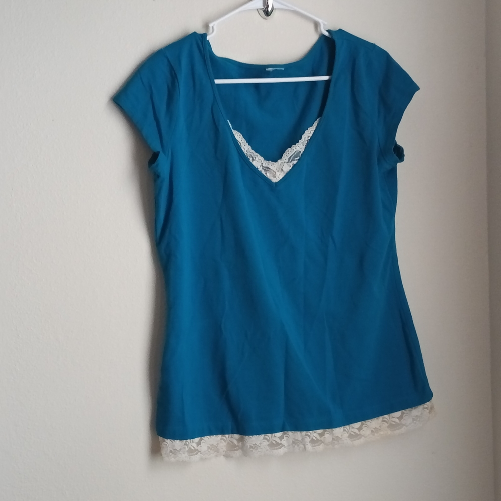 Unbranded Blouse Women M/L Blue & White Lace Trim Short Sleeve Top Versatile Y2K